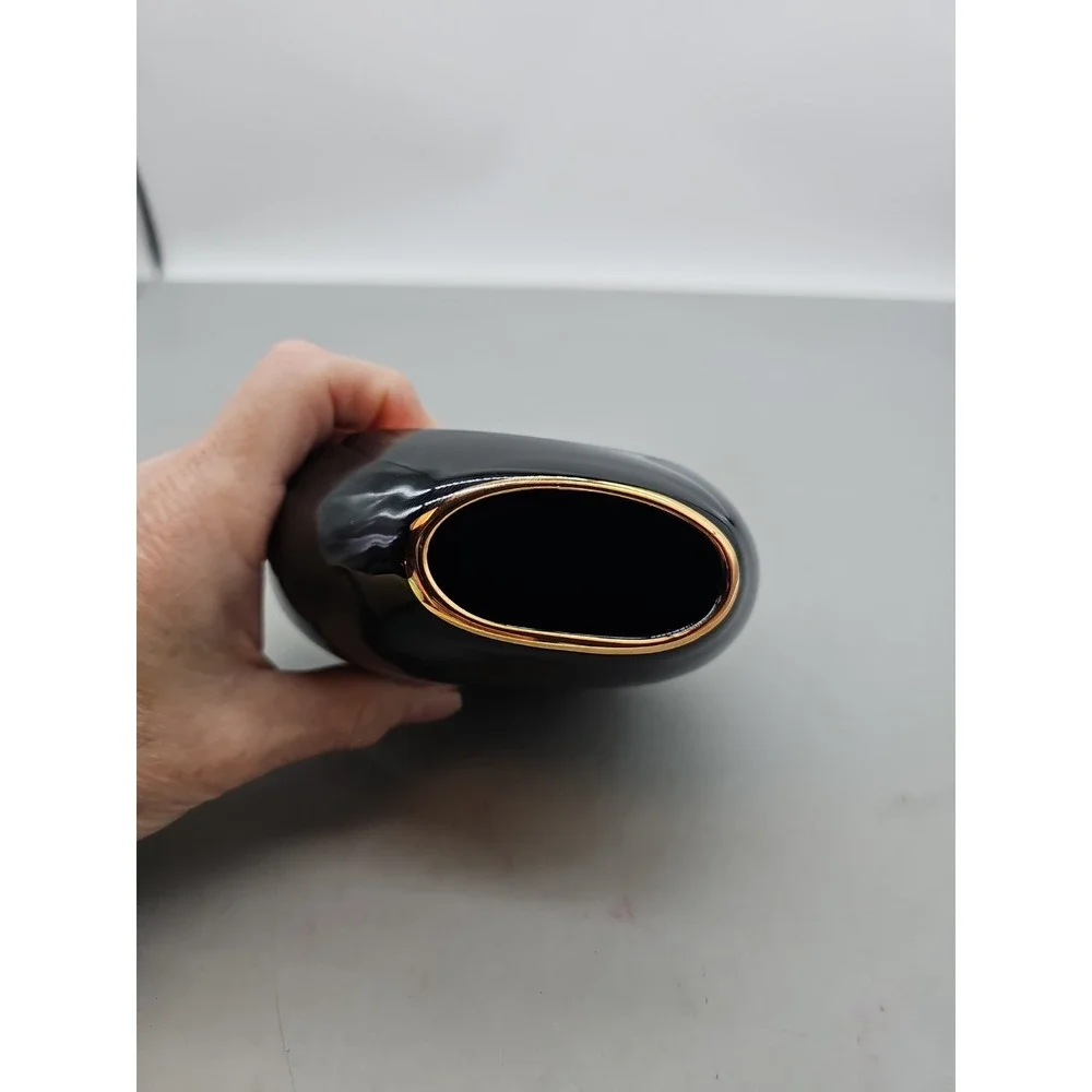 The Art Of Chokin Vase Black 24K Gold Edge With Swans & Iris Flowers‎ 5